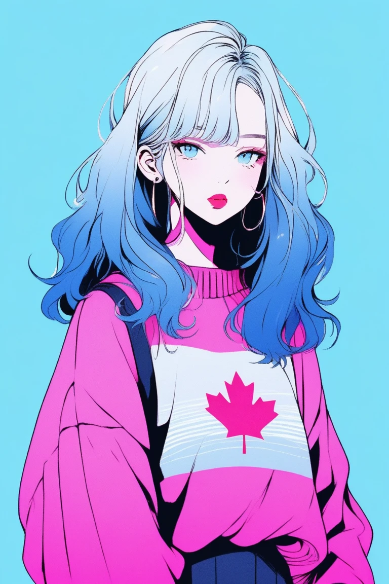 ilustrador, Japanese cartoons , Practical ,sketch , 1 girl, ,lips, sweater,Order, Blue gradient background, Neon hair,Texture decoration, Canada, (masterpiece,best quality) glycerin