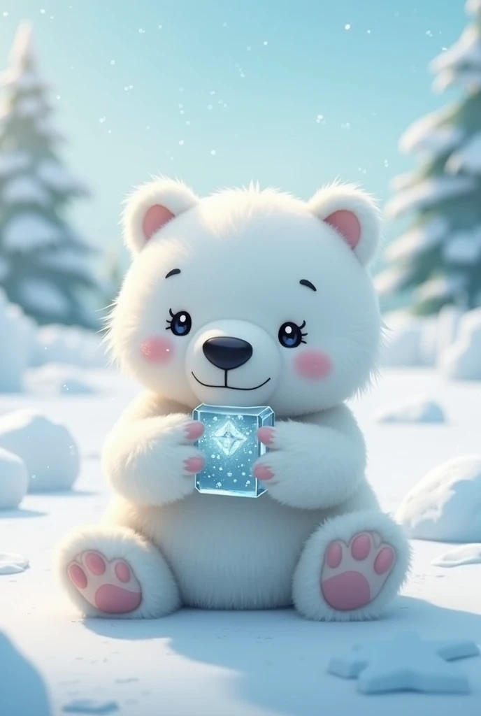 White bear, Beautiful fair skin, white fur, The body is white, At the North Pole, ultra realistic, realism, cute, charming, Daytime, Clean body, Medium height, Big eyes,Until fluffy, Ambient lighting, perfect anatomy, body and face in detail, Sitting holding an ice cube