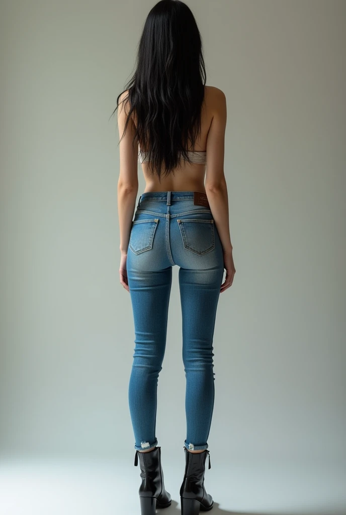 Asian girl wearing tight jeans and black boots. Look from behind. 