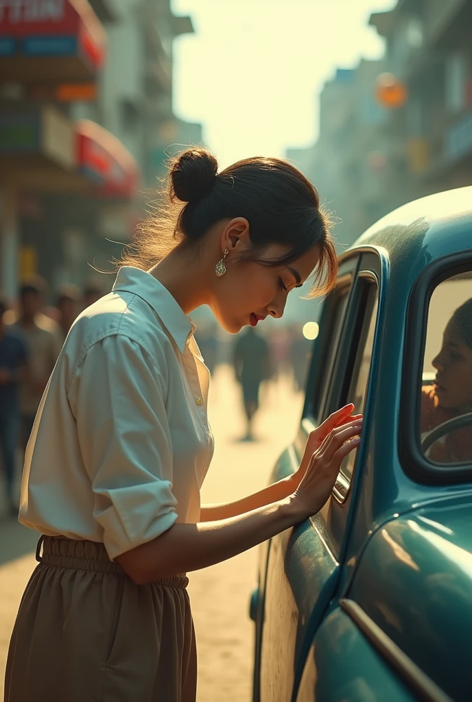 photorealistic, cinematic film poster of a women in white shirt, bun hair bending down near the drivers window, mid day, Kalimpong main street