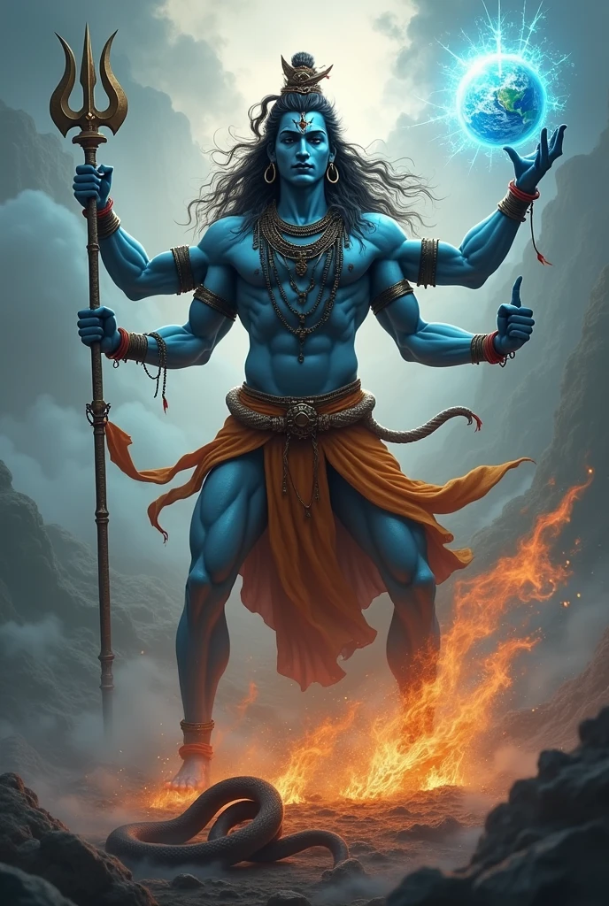 Angry shiv bhagwan with his trishoool with flying moment with cobra, in one hand trishool, in second hand damru, in third hand earth, in fourth hand showing us hand background ghost, shiv bhagwan have only 4 hands