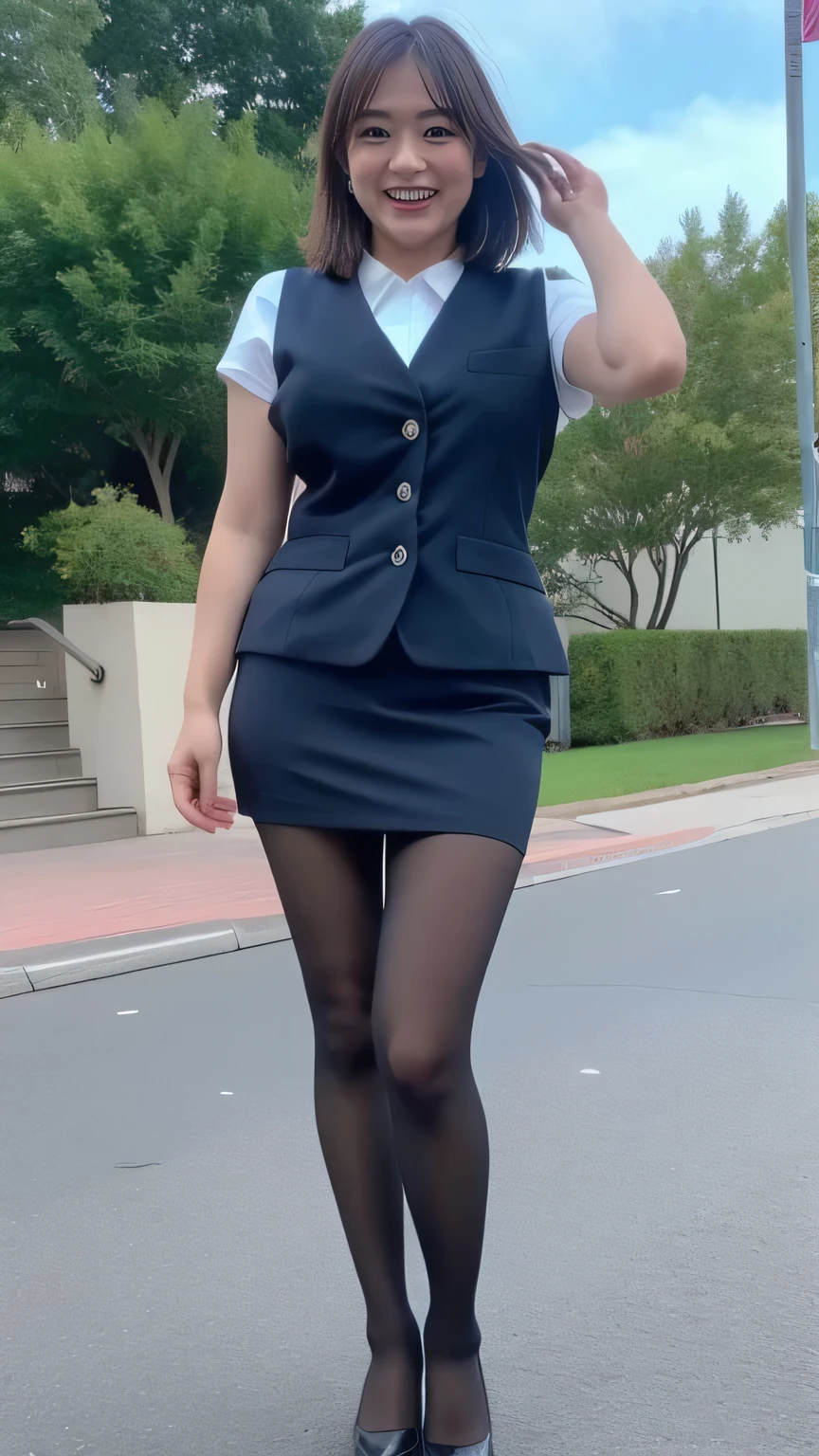 high quality、8k、masterpiece、Ultra-high resolution、Clear photos、Professional Lighting、Natural light、Realistic、Highly detailed skin、Perfect Anatomy、Beautiful fingers、Beautiful Hands、One Woman、Age 25、Baby Face:1.6、Large Breasts、(Large areola)、Glamour、Bob Hair:1.8、Black Hair、Beautiful Hair、smile、(Squint your eyes and laugh:1.2)、Office Lady、(Black vest)、White T-shirt、(Black tight mini skirt)、(Perfect Pantyhose:1.2)、((Black Pantyhose))、blue sky、((at the park))、Attractive pose、((Full Body Shot:1.5))
