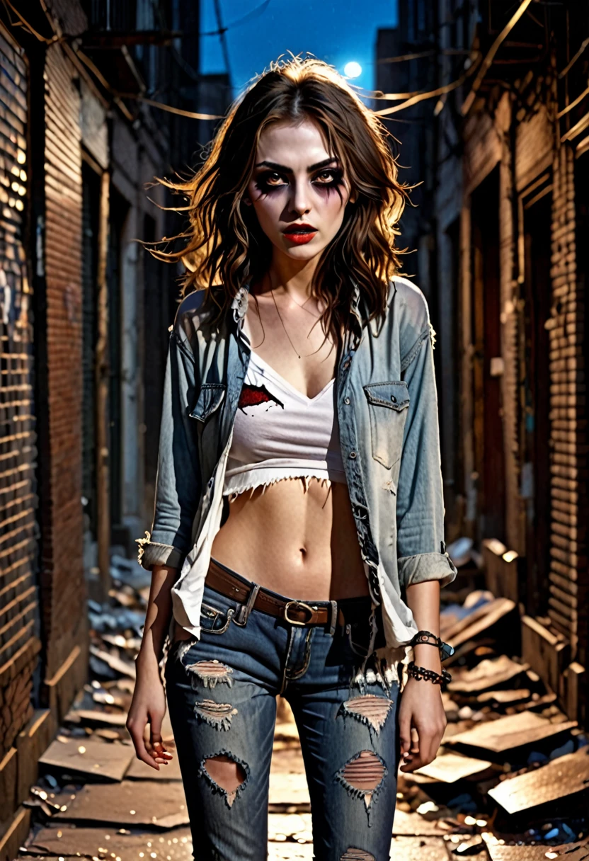 (good quality), (many details), (masterpiece), young woman, worn, torn clothes, wild brown hair, torn jeans, old shirt (broken), at night, in an alley, modern city, vampire, third eye awakes, eye on forehead, third eye, three eyes