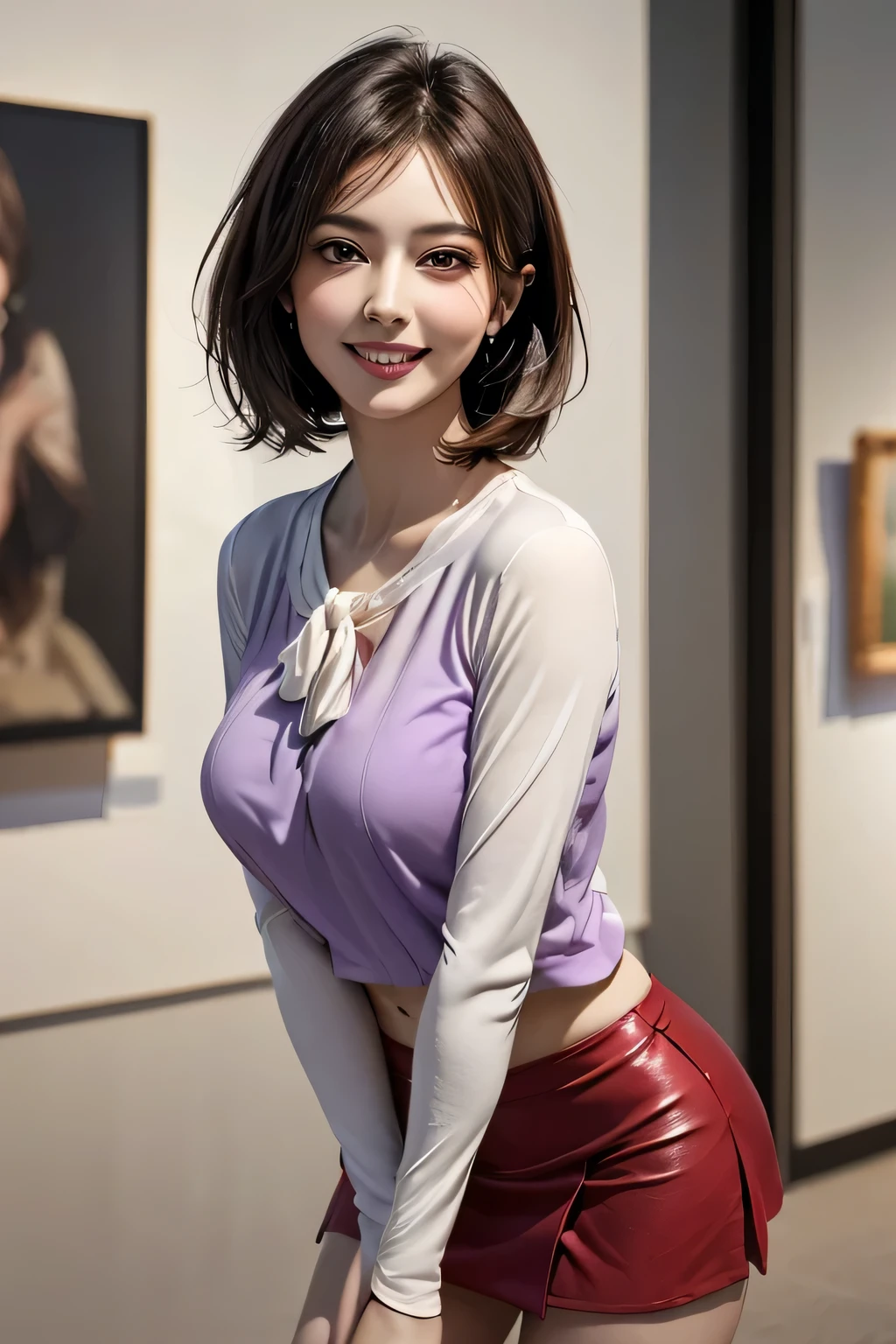 (1 The Ultimate Beautiful Mature Woman), Very detailedな顔, Beautiful brown eyes, double eyelid, Slightly thick detailed lip, Short black hair, (Light purple blouse:1.2), (Red tight mini skirt:1.4), Large Breasts, smile, Thighs, Perfect lighting, (Realistic:1.4), (Very detailed), (Highest quality), (Best Shadow), (masterpiece), Ultra-high resolution, With background: ((Ginza Art Gallery, Tokyo))