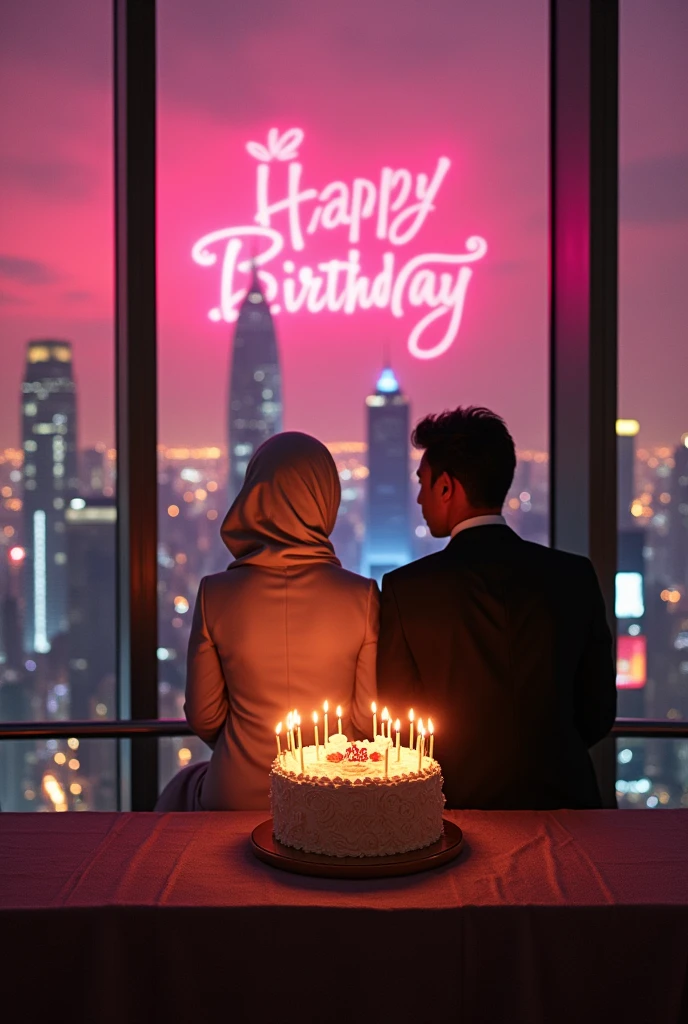 A photo of a birthday party in a skyscraper with city lights. There are two people sitting closely together in front of a large birthday cake. The woman is wearing a hijab and a formal dress, while the man is wearing a suit. The cake has 25 lit candles and the text "Happy Birthday [SEPTI SULISTIYANI]". The background contains tall buildings and the sky is glamour pink party.