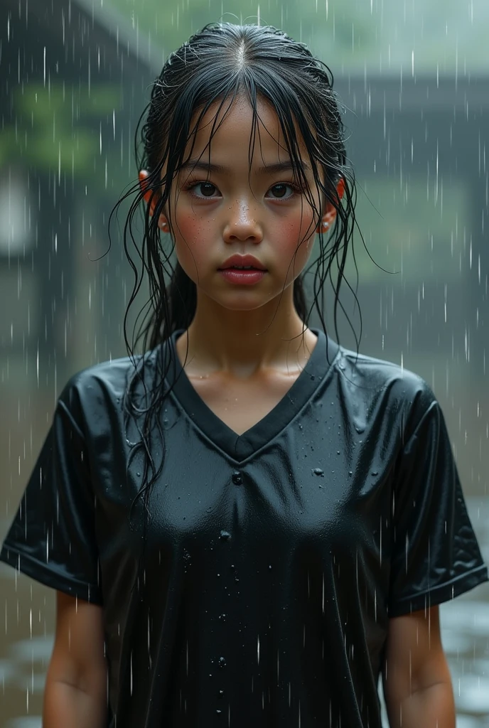 The girl wearing a red football shirt was wet with water
