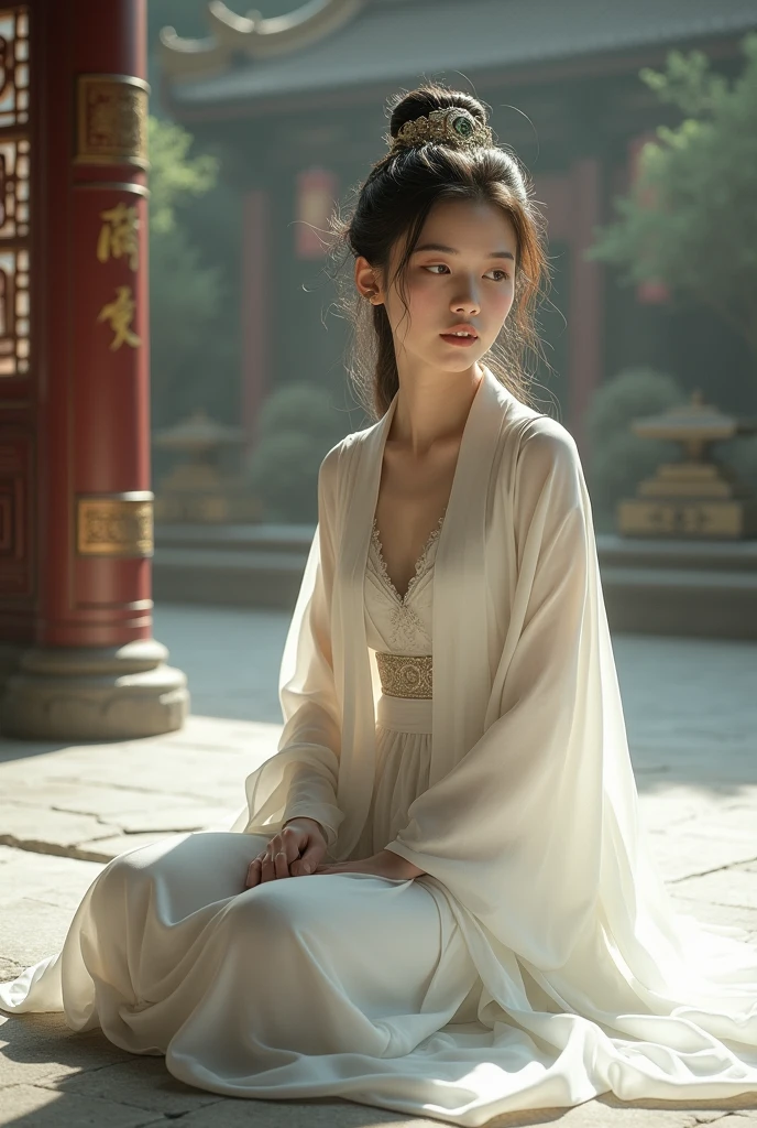 A woman in a white dress sits on the floor,White Hanfu,palace,Girl wearing Hanfu,Hanfu,Dressed in ancient Chinese costumes,Gurwitz,Ethereal Beauty,Guttweiz-style artwork,Beautiful fantasy queen,Chinese traditional clothing,China costume,Chinese traditional,Light milky white porcelain skin,Ordinary girl'Bare feet and hands,Show your butt
