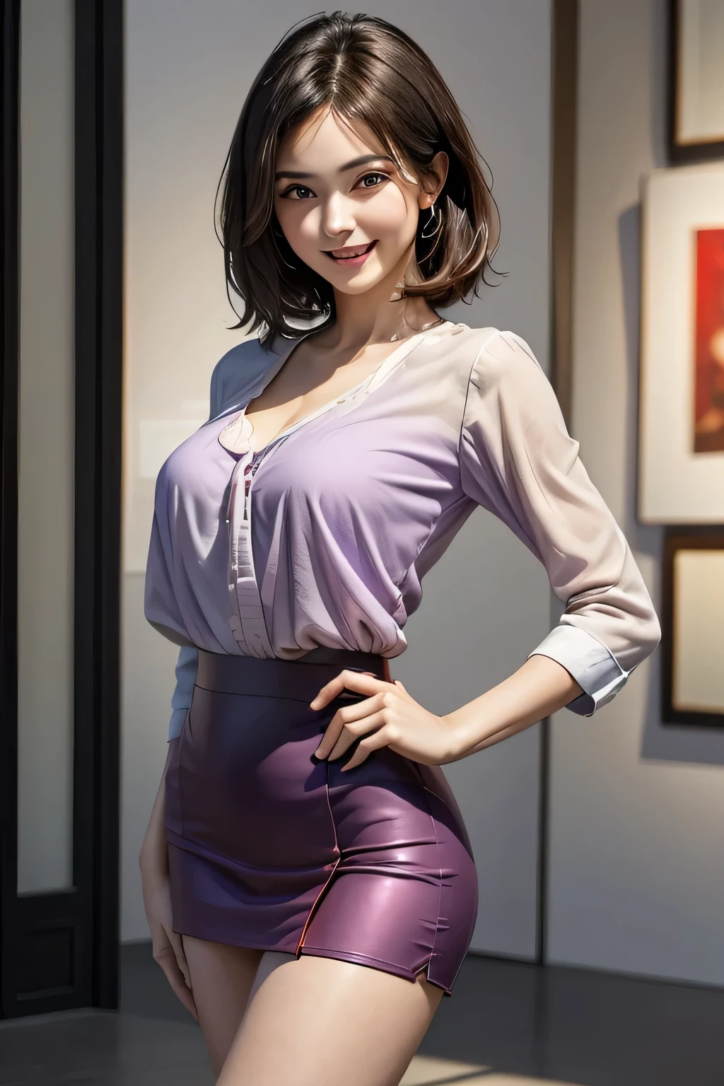 (1 The Ultimate Beautiful Mature Woman), Very detailedな顔, Beautiful brown eyes, double eyelid, Slightly thick detailed lip, Short black hair, (Light purple blouse:1.2), (Red tight mini skirt:1.4), Large Breasts, smile, Thighs, Perfect lighting, (Realistic:1.4), (Very detailed), (Highest quality), (Best Shadow), (masterpiece), Ultra-high resolution, With background: ((Ginza Art Gallery, Tokyo))