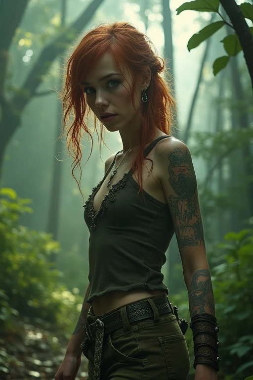 very detailed, 16K high resolution, incredibly detailed image, cinematic, best quality, masterpiece, realistic, detailed face, detailed background, mystical, dramatic lighting, A girl, 20 years old, she is alone, beautiful, natural red hair, straggly and messy wavy hair. Extremely detailed facial expressions with sharp and piercing green eyes. A delicate, slightly cheeky face, subtly made up. ((She is tattooed and pierced, large tubes in her ears.)), She has (very small breasts) and a slim figure, in good shape. Her height is about 1.70 meters. Her outfit is post-apocalyptic, dirty and torn. She walks through a mystical, misty forest. A few rays of sunlight break through the dense leaves.