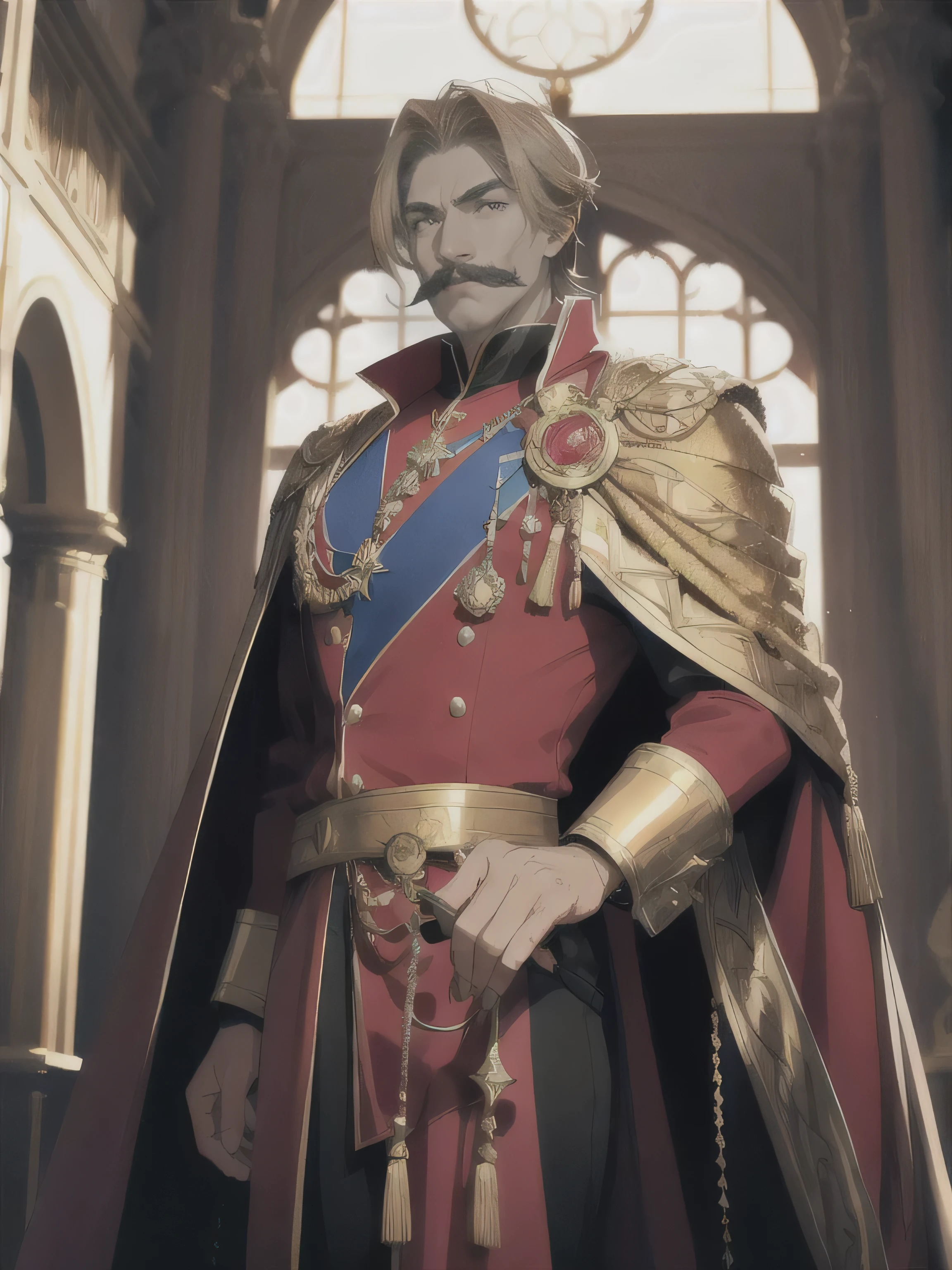 "Create a character design for Airon Delic, a distinguished nobleman in his fifties with golden-brown hair and a prominent mustache. He exudes authority and confidence, yet there's a warmth in his eyes. Airon is dressed in a royal blue medieval noble suit, adorned with gold accents, and wears a resplendent red cape. He holds a black cane with a gleaming gold top. Airon stands in a grand hall with tall, arched windows that allow sunlight to stream in, casting a regal light around him. Despite his commanding presence, Airon is smiling warmly, conveying both his strength and his deep care for those around him."