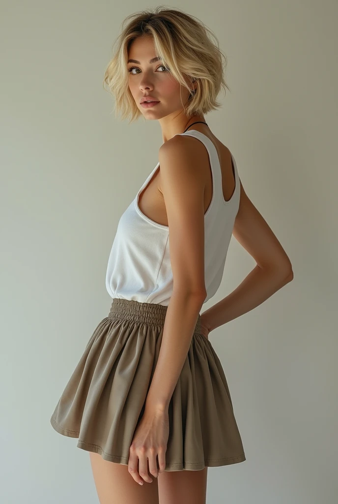 Photo realistic image of a beautiful woman with short shoulder length blonde hair wearing a very short pleated skirt