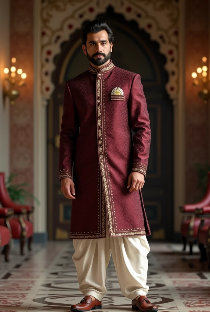 A man with dark maroon jodhpuri coat of waist length and white kurta pant