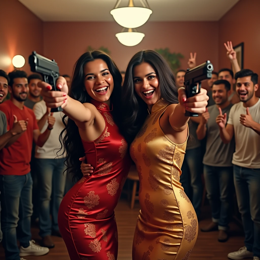 wide depth of field, wide depth of focus, f/11 lens setting, all objects in focus, full color image, 2 laughing Indian women , posing with pistol held strait up by face, looking at camera ,large fraternity house game room, full body image, (satin cheong sam dresses) (one red pattern, one black and silver pattern), women posing with a pistol held up by face, one girl makes peace sign with hand, long flowing hair (one raven haired, one brunette) , confidant smile, pure form, intricate details, 8K post-production, high resolution, super detailed, Popular topics on Artstation,, Studio photos, intricate details, Very detailed, she stands in the middle of the room and she is surrounded by a large (all male) group of cheering young men wearing jeans and t-shirts who are all standing in the background. One man raises an open hand high into the air