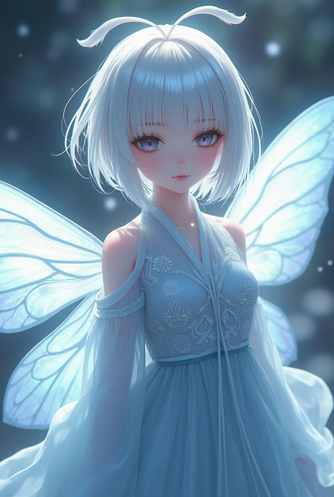 anime style, female human half moth short hair, humanoid appearance, antennas on head, iridescent white hair, iridescent white skin and white wings with iridescent black and a dull sky-blue hanfu