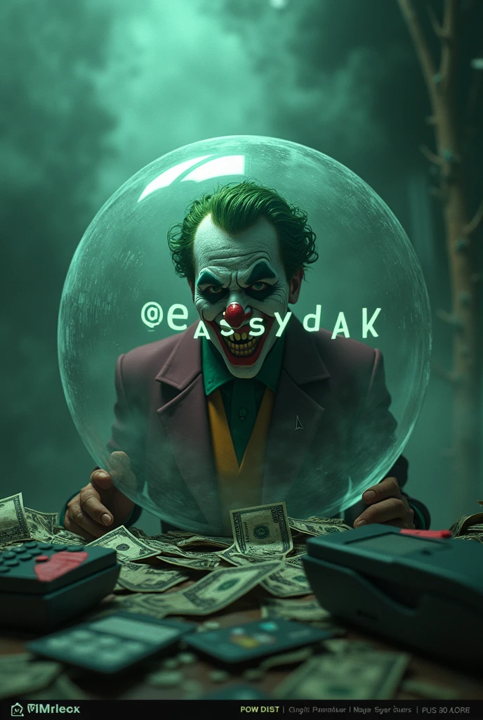 joker trapped inside a bubble and next to it written @Easydak inside the bubble. and in the background of the image a green and black mist. Outside the bubble, some credit cards and card machines, along with money