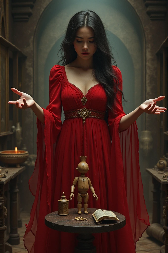 in red dress casts a spell on a small wooden doll.
