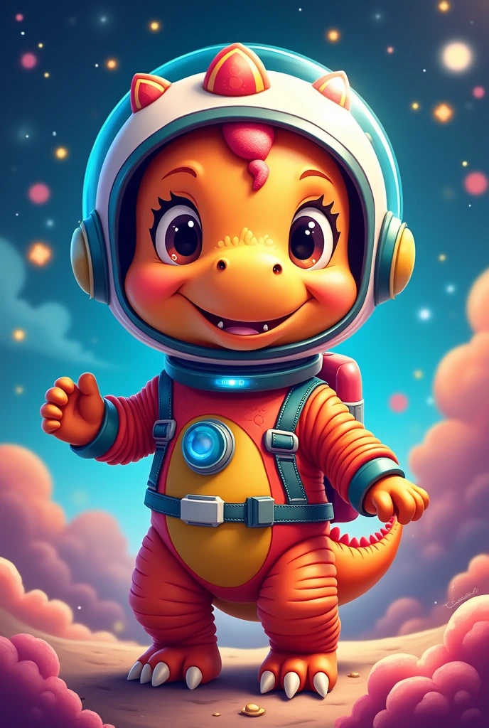 Create baby astronaut dino image, that is colorful and cheerful.