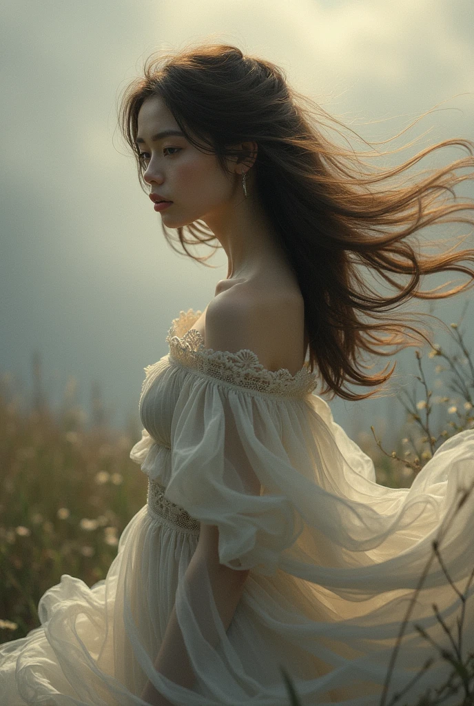 (best quality, masterpiece), 1 girl, look down, wind, particle, Simple background, melancholy, Upper Body,