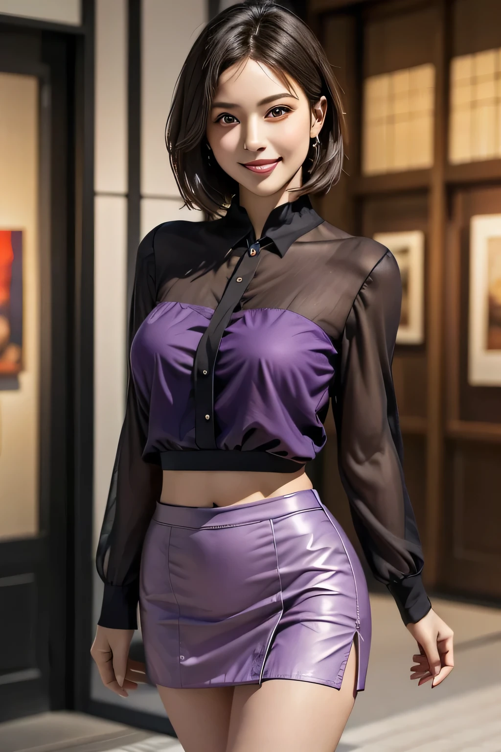 (1 The Ultimate Beautiful Mature Woman), Very detailedな顔, Beautiful brown eyes, double eyelid, Slightly thick detailed lip, Short black hair, (Light purple blouse:1.2), (Red tight mini skirt:1.4), Large Breasts, smile, Thighs, Perfect lighting, (Realistic:1.4), (Very detailed), (Highest quality), (Best Shadow), (masterpiece), Ultra-high resolution, With background: ((Ginza Art Gallery, Tokyo))