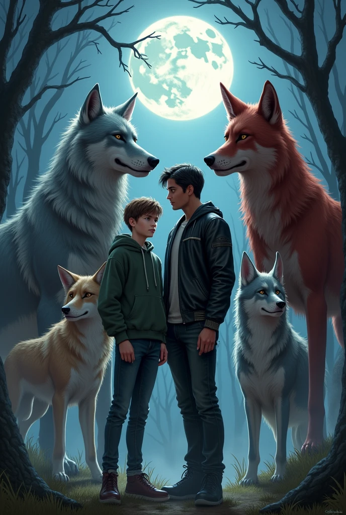 A teenager named Stiles with fair skin and brown hair, wearing a hoodie next to a 2 man taller than Stiles and muscular, with tanned skin tone and black hair, wearing a black leather jacket, they are surrounded by 4 giant wolves and 1 giant red fox with 2 tails, under the light of the full moon