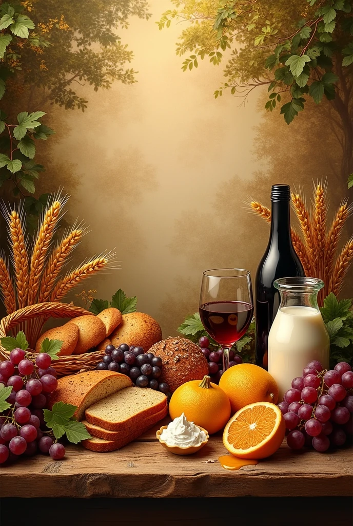 A book cover titled 12 Biblical Principles of Prosperity with the following elements : Wheat, breads,  Uvas, wine,  milk and honey