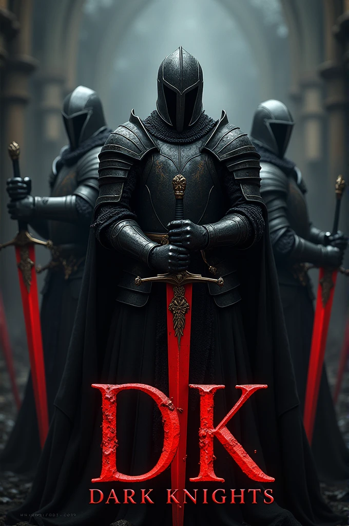 I wanted you to create an image with medieval swords and together with knights, written in the middle of the knights the acronym "dk", Underneath "dk" A written word "Dark Knights, and the colors used would be black and red