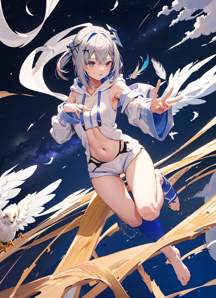 The Four Canatas,Hololive,Gray Hair,Angel Halo,(Cool pose,Dynamic pose),Night Sky,Top View,(One Girl,whole body,Sleeveless,belly button,One white feather),((sea of clouds,A flying dragon in the background)),((Wearing a black hoodie))