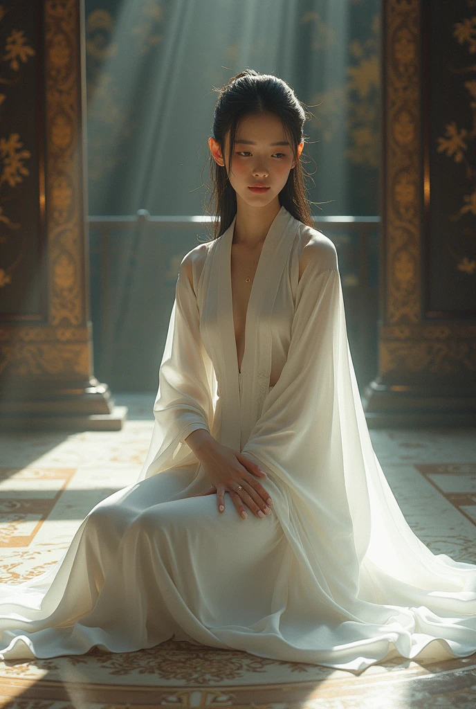 A woman in a white dress is sitting on the floor，White Hanfu，palace，Girl wearing Hanfu，Hanfu，Dressed in ancient Chinese costumes，Gurwitz，Ethereal Beauty，Guttweiz-style artwork，Beautiful fantasy queen，Chinese traditional clothing，Chinese clothing，Chinese traditional，Light milky white porcelain skin，Ordinary girl&#39;s bare feet and hands