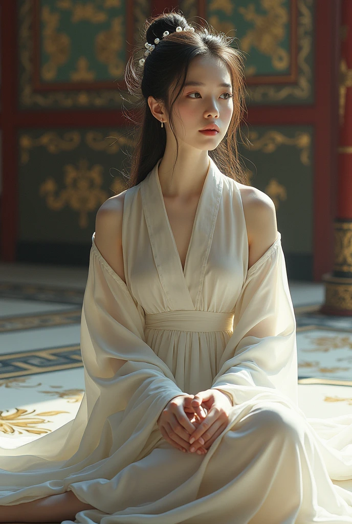 A woman in a white dress is sitting on the floor，White Hanfu，palace，Girl wearing Hanfu，Hanfu，Dressed in ancient Chinese costumes，Gurwitz，Ethereal Beauty，Guttweiz-style artwork，Beautiful fantasy queen，Chinese traditional clothing，Chinese clothing，Chinese traditional，Light milky white porcelain skin，Ordinary girl&#39;s bare feet and hands