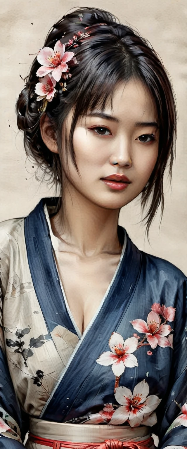 Masterpiece, best quality, beautiful woman wearing yukata, ink painting in the style of artists like Russ Mills, Sakimichan, Wlop, Loish, Artgerm, Darek Zabrocki, and Jean-Baptiste Monge, sakura ultra hd, realistic, vivid colors, highly detailed, UHD drawing, pen and ink, perfect composition, beautiful detailed intricate insanely detailed octane render trending on artstation, kodew