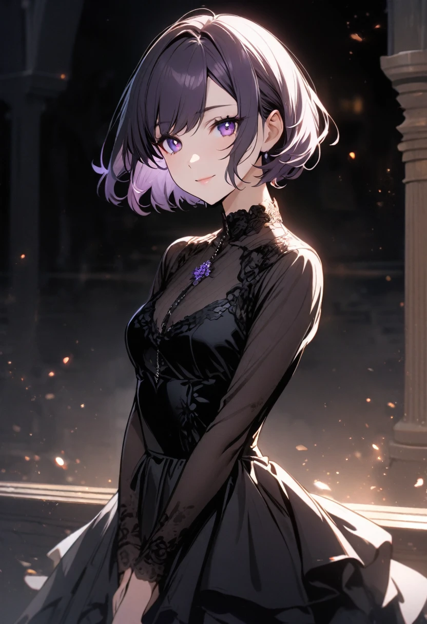 solo, eligant, beautiful, 1 lady, black dress, short hair, purple eyes, black pupils, light smile