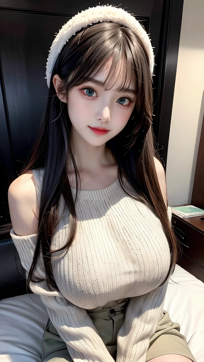 (masterpiece), (best quality, highres, highly-detailed, illustration), 1girl, solo, city, contemporary, black wavy long hair, green eyes, beautiful detailed eyes, proportional face, big breast, huge breast, gigantic breast, she only wear a white off-the-shoulder sweater,8k, trending on ArtStation, featured on Pixiv, hotel room, night,