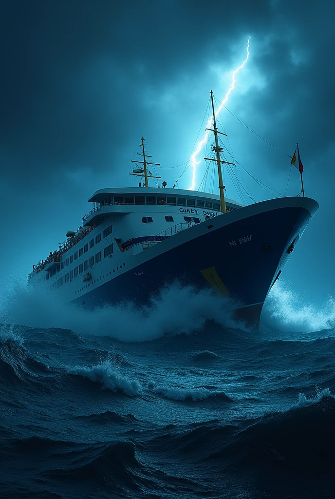 A Passenger Ferry named MV Princess of Philippines with a blue hull and a philippine flag sinking at the hurricane Carina at night 