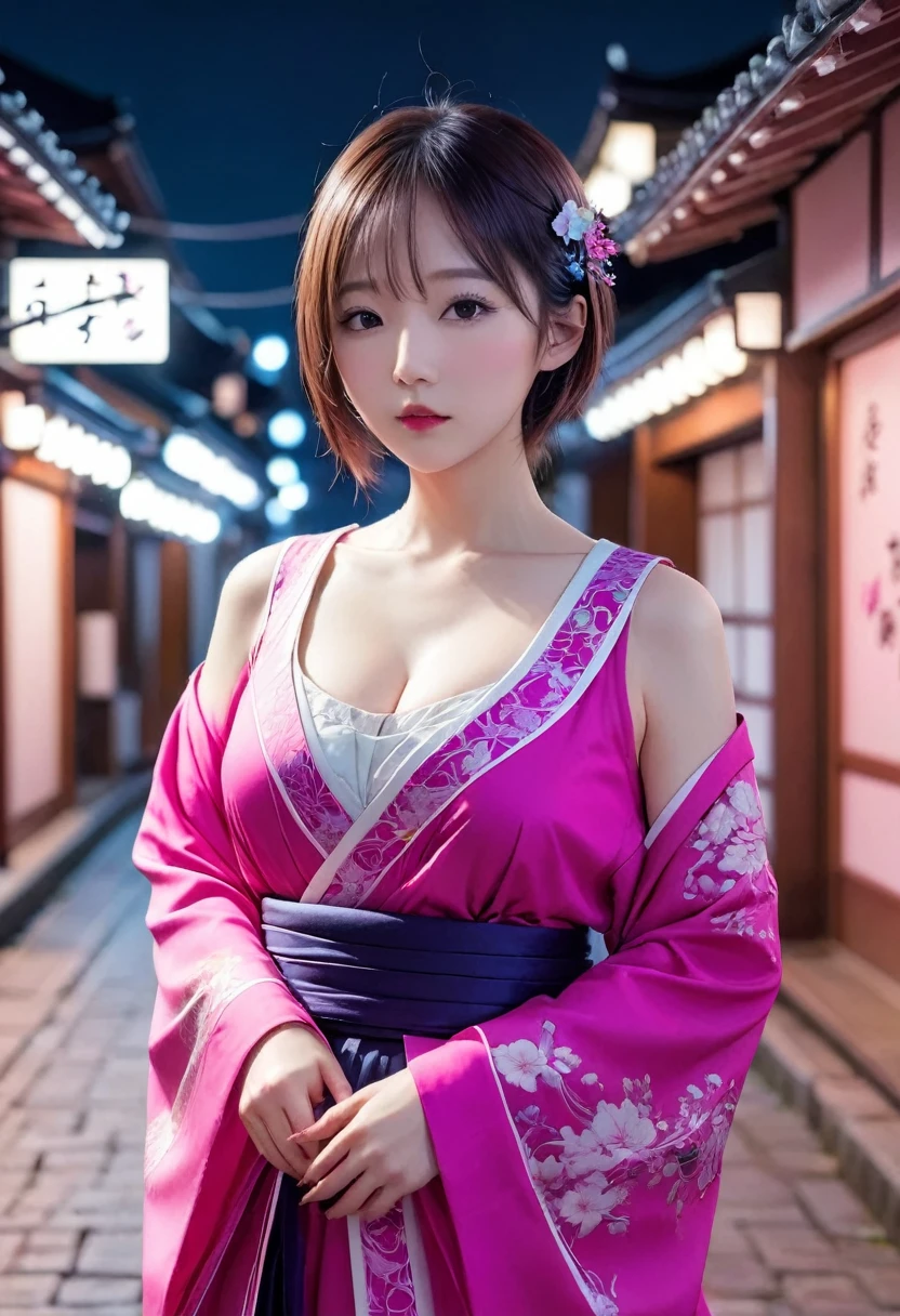 at midnight, long exposure, Vivid_Magenta, full body shot, ultra realistic photo, romantic atmosphere, japanese, piercing, japanese clothes, background photo, female, hyper detailed, masterpiece, 8K
