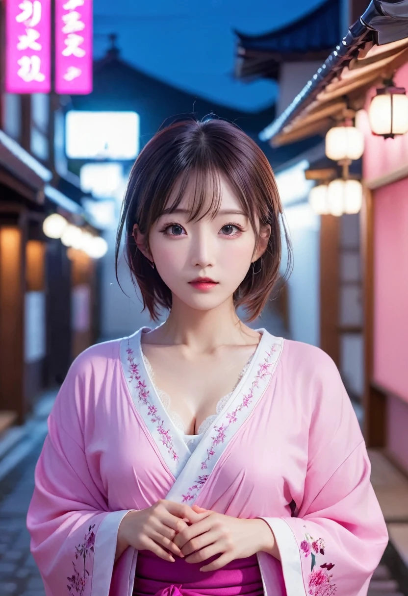 at midnight, long exposure, Vivid_Magenta, full body shot, ultra realistic photo, romantic atmosphere, japanese, piercing, japanese clothes, background photo, female, hyper detailed, masterpiece, 8K
