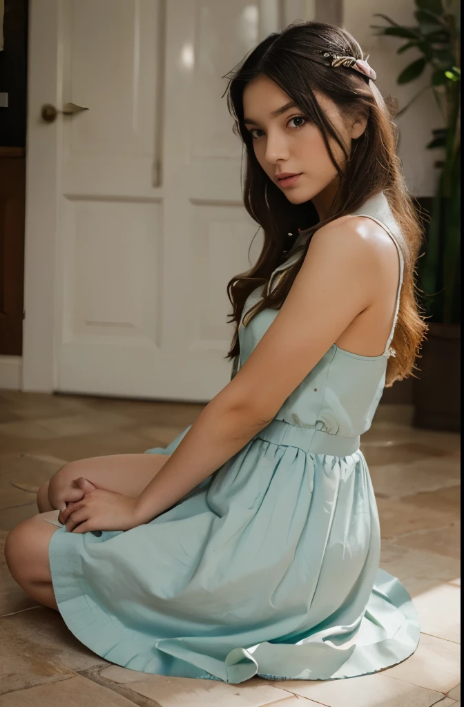 skinny, naked very young girl lying on a bed spread legs , mini skirt, blue eyes,, collar, ass
