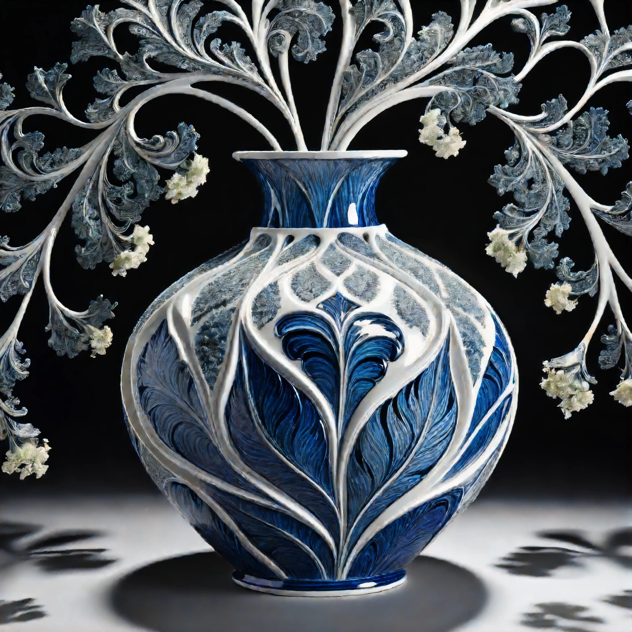 vase made of Ceramics ,A breathtaking fractal vase exploding with an infinite array of detailed leaves and blooms eternally unfurling from its ornately repeating ceramic patterns.