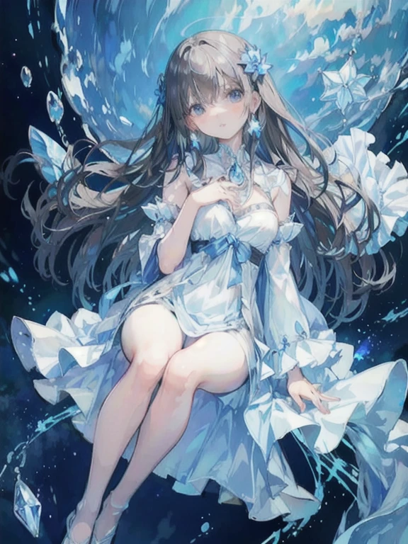 beautiful、ephemeral、Silver Marble Skin、hope、Highest quality、bright、masterpiece、landscape、Magical atmosphere、blue、crystal flower、Extend your hand to the sky、pastel colour