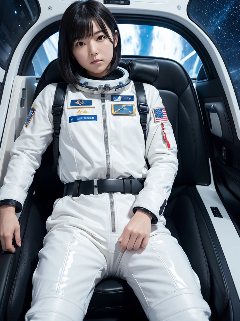 Japanese female astronaut,Black Hair,Space capsule,The person is completely secured in the seat with the backrest reclined by a thick harness belt.,Plump,Spread your legs,Squat,Shiny white robot suit,Surrounded by switches and monitors,
