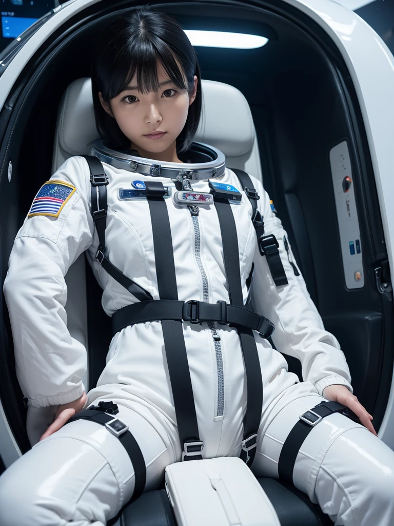 Japanese female astronaut,Black Hair,Space capsule,The person is completely secured in the seat with the backrest reclined by a thick harness belt.,Plump,Spread your legs,Squat,Shiny white robot suit,Surrounded by switches and monitors,