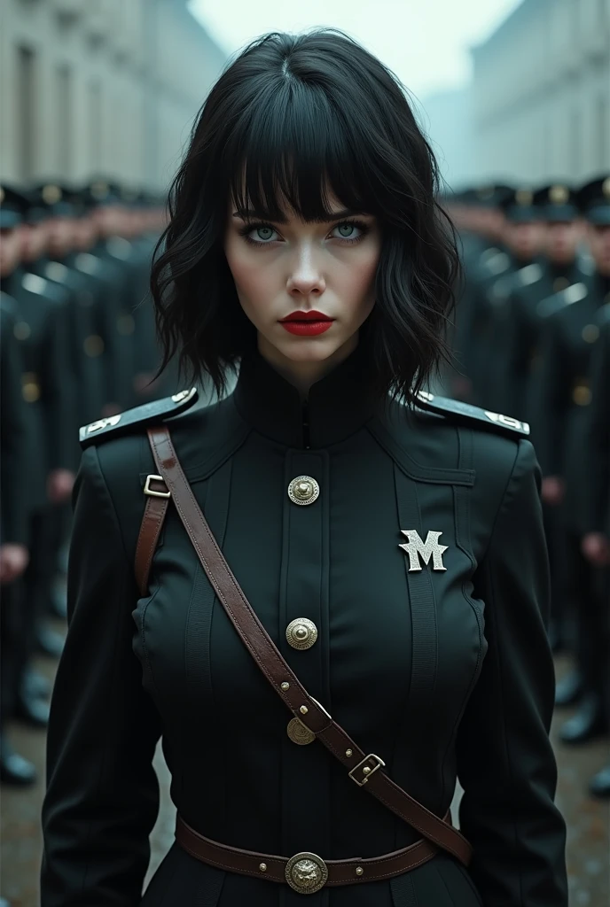 A pretty woman, Shoulder-length wavy hair with a fringe covering her forehead, Grey blue eyes almost like metal, pale chick, splattered nose. Black military uniform with all his weapons equipment ready in front of an entire army in a military salute.breasts, fringe, black hair, depth of field, bright pupils, serious, Red lips, pale, wicked, determined, Plano americano, 3D rendering,