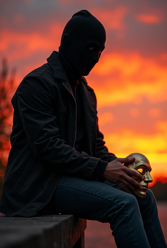 A guy wear black jacket black jeans wearblack robber mask he hve a golden mask in his hand beautifull sunsets orange sky he is sitting on bench he is in attitude