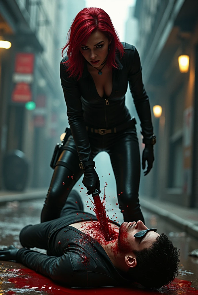 Realistic, A very beautiful dc black widows girl knife, cut throat A boy blindfold neck bloody splash, full body, wide open throat, throat contents