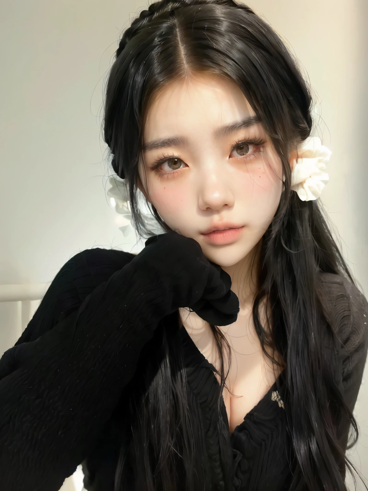 a close up of a woman with long black hair wearing gloves, ulzzang, young adorable korean face, cruel korean goth girl, with long hair and piercing eyes, korean girl, beautiful aesthetic face, young cute wan asian face, wan adorable korean face, gorgeous young korean woman, 1 girl, with black pigtails, lovely delicate face