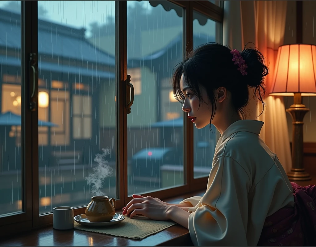 A woman with a sad expression in a teahouse window where rain is falling.