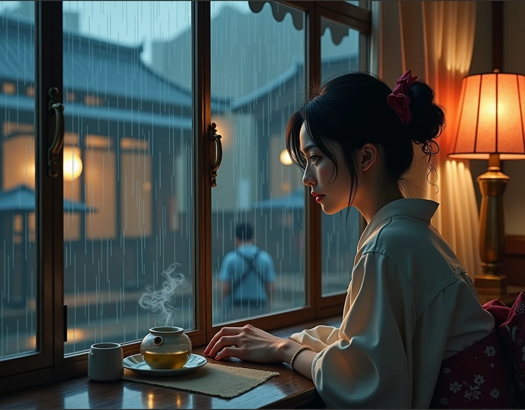 A woman with a sad expression in a teahouse window where rain is falling.