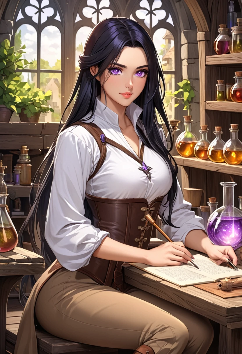 Long Straight black hair, purple eyes, beautiful face, gentle expression, amicable, perfect body, white shirt and brown pants, medieval fantasy, alchemist workshop, sitting at the desk making an experiment, sexy woman, tight shirt, focused, noble, young adult, rpg alchemist, sexy body, bangs