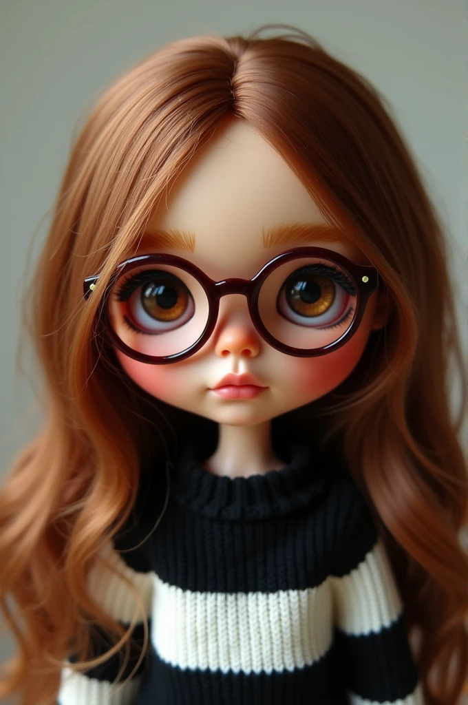 blythe doll , long wavy hair , Brown eyes , light brown skin , maroon glasses , black and white striped sweater