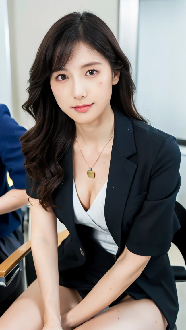 (top-quality, 16K, masterpiece:1.3), (ultra detailed), (masterpiece), (best quality), Highest quality, Realistic, surreal, Highest quality, Extremely detailed CG, Very delicate, 16K wallpaper, High resolution, A female manager working for a top company, 3, ((Light makeup)), ((There is a mole on the face that is considered seductive:1.1)), ((adorable dimples)), ((UNTITLED business suits)), ((A very simple necklace)), Japan Office, ((sitting in an office chair)), Japanese, slender body, ((flat chest:1.5)), very detailed, detailed fingers, detailed hands, detailed eyes, detailed legs, accurate and perfect human anatomy, real human skin, BREAK ((upper body)), ((look into the viewer's eyes)), ((looking at viewer)), ((Front view)), ((from front)),