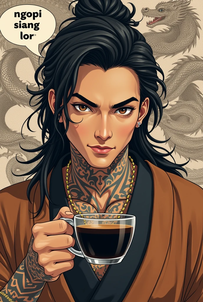 close up with the photography, a handsome young man from Indonesia with long hair and tattoos ,and wear a Japanese kimono robe,looking forward,and while holding a cup of black coffee in a transparent clear glass shape, and on the border of his head there is a bubble that says a text called NGOPI SIANG LOR, writing the name of the text with very correct and clear Indonesian spelling,background drawing of a dragon in droste style